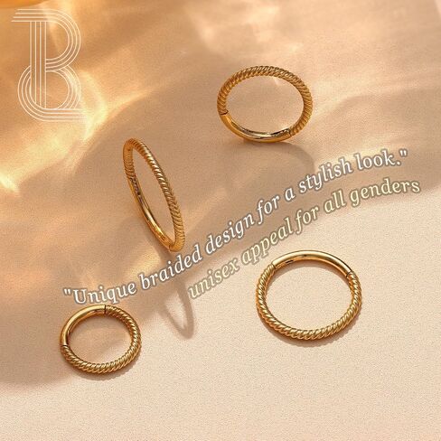 BodyBonita Hinged Nose Rings Hoops - 316L Surgical Steel Twisted Seamless Clicker Cartilage Earrings Septum Rings Jewelry Conch Piercing Tragus Rook Daith Helix for Women Gold/Black/Silver 16G/18G in Saudi Arabia
