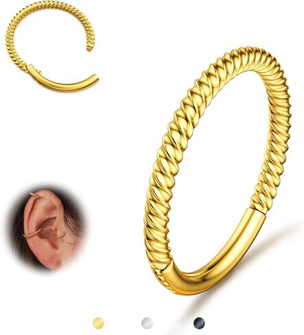 BodyBonita Hinged Nose Rings Hoops - 316L Surgical Steel Twisted Seamless Clicker Cartilage Earrings Septum Rings Jewelry Conch Piercing Tragus Rook Daith Helix for Women Gold/Black/Silver 16G/18G in Saudi Arabia