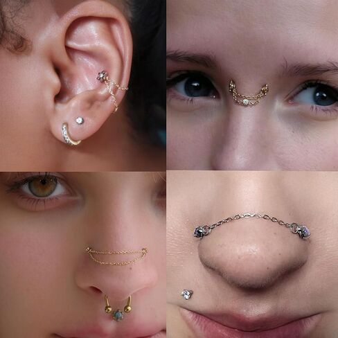 5Pcs Surgical Steel Across Top Nose Rings Chain for Women Nose Studs Nostril Chain for Women Men Chain Nose Piercing Jewelry Gold, Silver in Kuwait