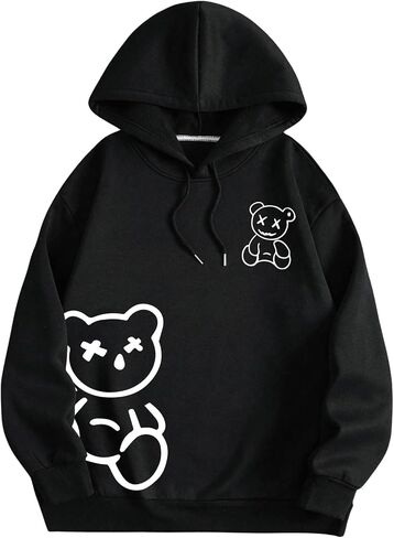 SHENHE Men's Loose Fit Bear Embroidery Long Sleeve Thermal Hooded Sweatshirt Hoodie Tops in Saudi Arabia