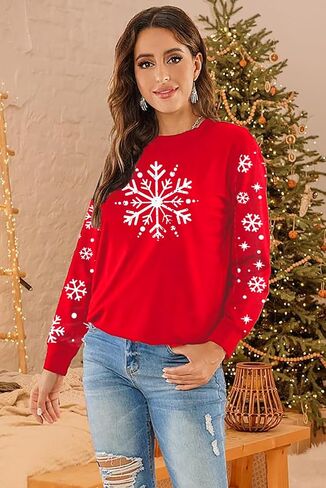 YALUCOR Women Christmas Sweatshirt Snowflake Christmas Pullover Tops Casual Xmas Long Sleeve Tee Sweatshirt in Kuwait