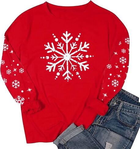 YALUCOR Women Christmas Sweatshirt Snowflake Christmas Pullover Tops Casual Xmas Long Sleeve Tee Sweatshirt in Kuwait