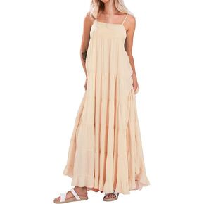utcoco Women's Spaghetti Straps Maxi Dresses Back Smocked Sleeveless Tiered Swing Flowy Boho Long Sundress