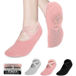 Jaciya Pilates Socks Non Slip Socks for Women Grip Socks for Yoga Ballet Dance Workout(Black/Grey/Pink)
