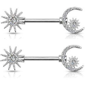 Pierced Owl - 14GA 316L Stainless Steel Crystal Sun, Crescent Moon, and Star Nipple Barbell Rings, Sold as A Pair