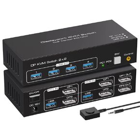 8K Displayport KVM Switch 3 Monitors 2 Computers 4K 120Hz DP KVM Switches Triple Monitor for 2 PC Share 4 USB 3.0 Ports Support Extended & Copy Display Mode Wired Controller & 12V Adapter