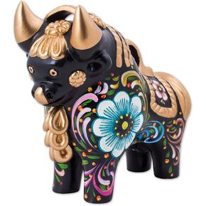 NOVICA Black Metallic Animal Themed Ceramic Sculpture, Big Colorful Pucara Bull'