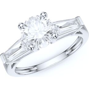 10K White Gold Tapered Baguette Side Stones 1CT Simulated Round Cut Diamond or Genuine Moissanite Engagement Ring