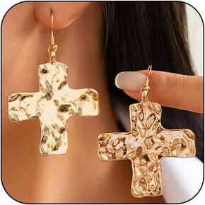 Chunky Gold Big Hammered Cross Drop Dangle Earrings for Women Trendy, Bold Thick Large Silver Cross Hook Earrings Dainty Vintage Faith Chain Jewelry