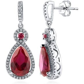 BERRICLE Sterling Silver Halo Simulated Ruby Pear Cut Cubic Zirconia CZ Statement Anniversary Dangle Drop Earrings for Women, Rhodium Plated
