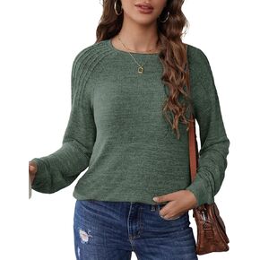 Sweatshirts for Women Trendy Crewneck Pleated Tunic Shirts Long Sleeve Fall Tops Fashion 2024