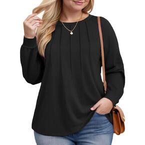 ROSRISS Womens-Plus-Size-Tops Trendy Pleated Long Sleeve Shirts Casual Loose Fit Crewneck Tunics Cute Dressy Blouses XL-5XL