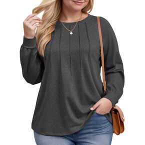 ROSRISS Womens-Plus-Size-Tops Trendy Pleated Long Sleeve Shirts Casual Loose Fit Crewneck Tunics Cute Dressy Blouses XL-5XL in Kuwait