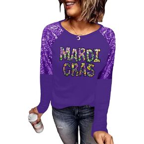 Mardi Gras Shirts for Women Carnival Fat Tuesday Shirt New Orleans Party Mardi Gras Outfit Gifts Sequin Long Sleeve Tee Top