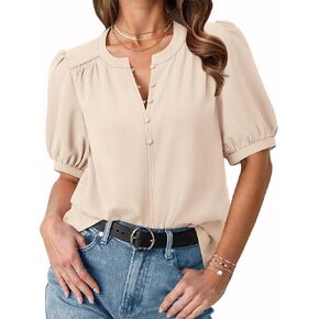Women's Summer Tops Dressy Casual Short Lantern Sleeve V Neck Buttons Front Chiffon Blouses Work Shirts