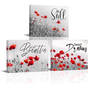 Vefacaiyo Abstract Red Poppy Floral Wall Art - Just Breathe Sweet Dreams Signs Inspirational Quotes Canvas Framed Flower Paintings Wall Decor, 12"x16" x3pieces in Saudi Arabia