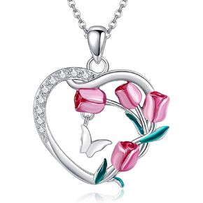 Tulip Necklace 925 Sterling Silver Pink Flower Butterfly Necklace Tulip Jewelry For Women Friends Mother'S Day