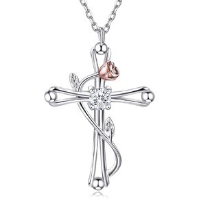 Cross Necklace for Women Faith Love 925 Sterling Silver Butterfly CZ Diamond Pendant Necklaces Birthday Christmas Jewelry for Women Mom Wife (B- Cross Rose Flower)