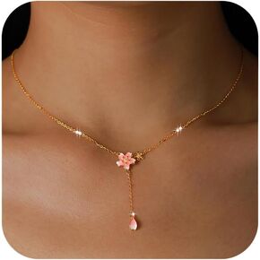 14K Gold Plated Cherry Blossom Necklace for Women Daughter Cute Birth Month Enamel Flower Pendant Necklace Pink Floral Artificial Stone Pearl Chain Jewelry Birthday Gifts for Mom