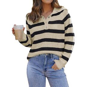 PINKMSTYLE Womens Striped Sweaters Button Henley Neck Long Sleeve Knitted Oversized Pullover Tops Fashion Fall Shirts