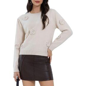 Floral Puff Long Sleeve Sweater Crew Neck Pullover Knit Tops Fall Winter Trendy Lightweight Pullover for Women