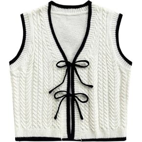 Women's Bow Tie Front Sweater Vest Sleeveless V Neck Cable Knit Vest Tank Tops Contrast Binding Vest Cardigan Sweater