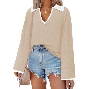 ZESICA Women's V Neck Sweater Long Sleeve Oversized Casual Collared Knit Pullover Jumper Tops