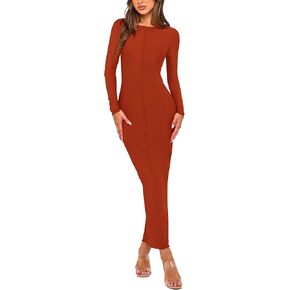 فستان خريف PRETTYGARDEN للسيدات 2024، مثير بأكمام طويلة، فساتين طويلة ضيقة للحفلات الراقصة (أحمر قرميدي، متوسط) in Kuwait