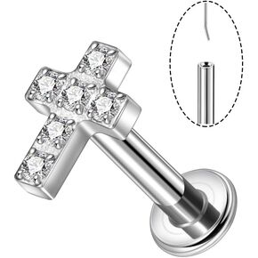 Lantine 1Pcs Cross Cz Threadless Push in Nose Rings Studs Implant Grade Titanium Flat Back Stud Earrings Lip Labret Medusa Monroe Helix Daith Cartilage Tragus Conch Lobe Piercing Jewelry