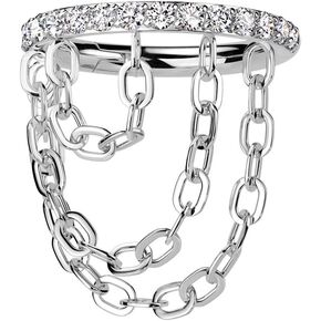 Pierced Owl 16GA ASTM F-136 Implant Grade Titanium CZ Crystal Lined with Triple Dangling Chains Hinged Segment Clicker Ring