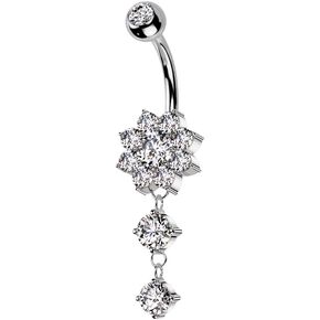 Pierced Owl 14GA 316L Stainless Steel CZ Crystal Flower with Dangling Double Gem Drop Belly Button Ring