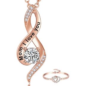 Mom I Love You Pendant Necklace plus Always My Daughter Forever My Friend Bangle Bracelet, Birthday Anniversary Thanksgiving Xmas Present