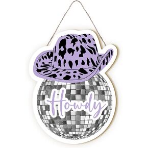 MOTERMATE Preppy Howdy Disco Ball Sign Decor, Purple Disco Cowgirl Room Wall Hanging Decor, Western Girls Front Porch Door Decor, Cowgirl Howdy Signs for Girls Bedroom Dorm Classroom Home, 8x10 Inches