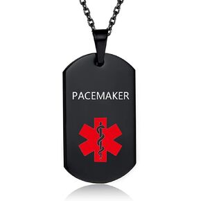 Red Medical Alert Necklace for Men Women Stainless Steel Engraved Black Medical ID Tag Emergency Med Pendant with Chain