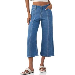 Tankaneo Womens Cropped Wide Leg Capri Jeans Baggy High Waisted Stretchy Flare Jeans Front Seam Denim Pants with Pockets