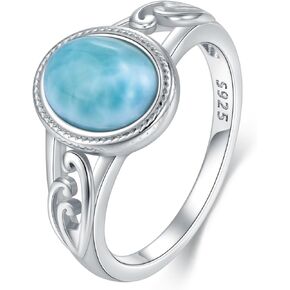 Natural Larimar Rings 925 Sterling Silver Oval Blue Larimar Gemstones Ring Summer Beach Jewelry for Women