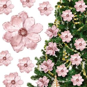 20 Pcs Christmas Glitter Poinsettia Magnolia Flowers Ornaments Large Heads Artificial Magnolia Flowers for Christmas Tree Xmas Wreath Holiday Wedding Decor (Purple)