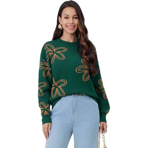 Women's Sweater Stretch Cable Knit Pullover Top Floral Crewneck Winter