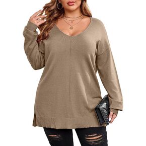 Women's Plus Size Sweaters V Neck Long Sleeve Knit Top Casual Lightweight Soft Loose Pullover Sweater 1XL-5XL