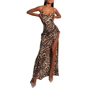 xxxiticat Women's High Split Cowl Neck Maxi Dress Sleeveless Chain Spaghetti Straps Cross Animal Leopard Print Party Dress
