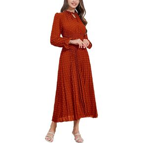 Women's 2024 Fall Midi Dress Casual Long Sleeve Swiss Dot Pleated A Line Flowy Cocktail Dresses Wedding Guest Dress