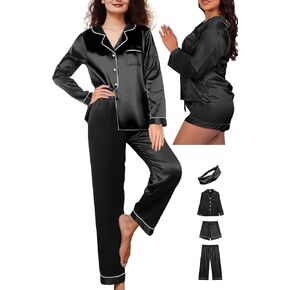 Womens 4Pcs Satin Pajamas Set Silk Pajama Sets Silky Sleepwear Long Pj Set Loungewear Soft Pjs Nightwear XS-XXL