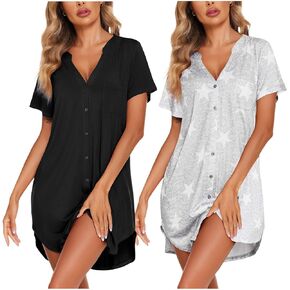 Ekouaer 2 Pcak Nightgowns for Women Button Down Sleep Shirts V Neck Night Shirts Night Gowns in Kuwait