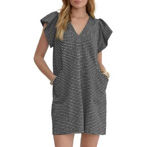 Acelitt Womens Casual Summer V Neck Cap Sleeve Shift Mini Dress with Pockets, S-XXL