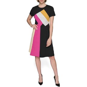 KARL LAGERFELD Women's Color Block Recycled Scuba Crepe Short Sleeve a Line Dress