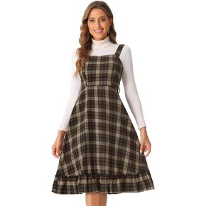 Allegra K Plaid Dress for Women Ruffled Sleeveless Vintage Tie Waist A-Line Pinafore Overall Dresses