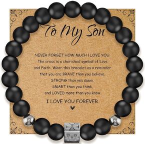 Religious Bracelet 8mm Black adjustable Beaded Cuff Charm Bracelets for son Husband Elegant Cross Bracelet (To My Son 3)