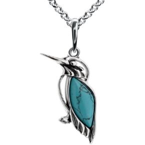 Ian and Valeri Co. Amber Sterling Silver Blue Turquoise Imitation Kingfisher Bird Pendant Necklace 18inch