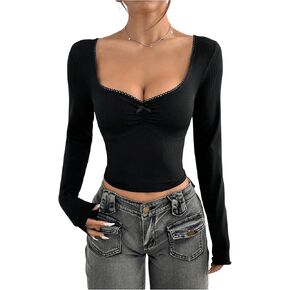 SOLY HUX Women's Long Sleeve Shirts Lace Sweetheart Neck Crop Tees Slim Fit Going Out Tops