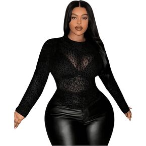 SHENHE Women's Plus Size Leopard Print Lace Top Long Sleeve See Through Mesh Top Sexy Sheer Fitted Tshirt Top
